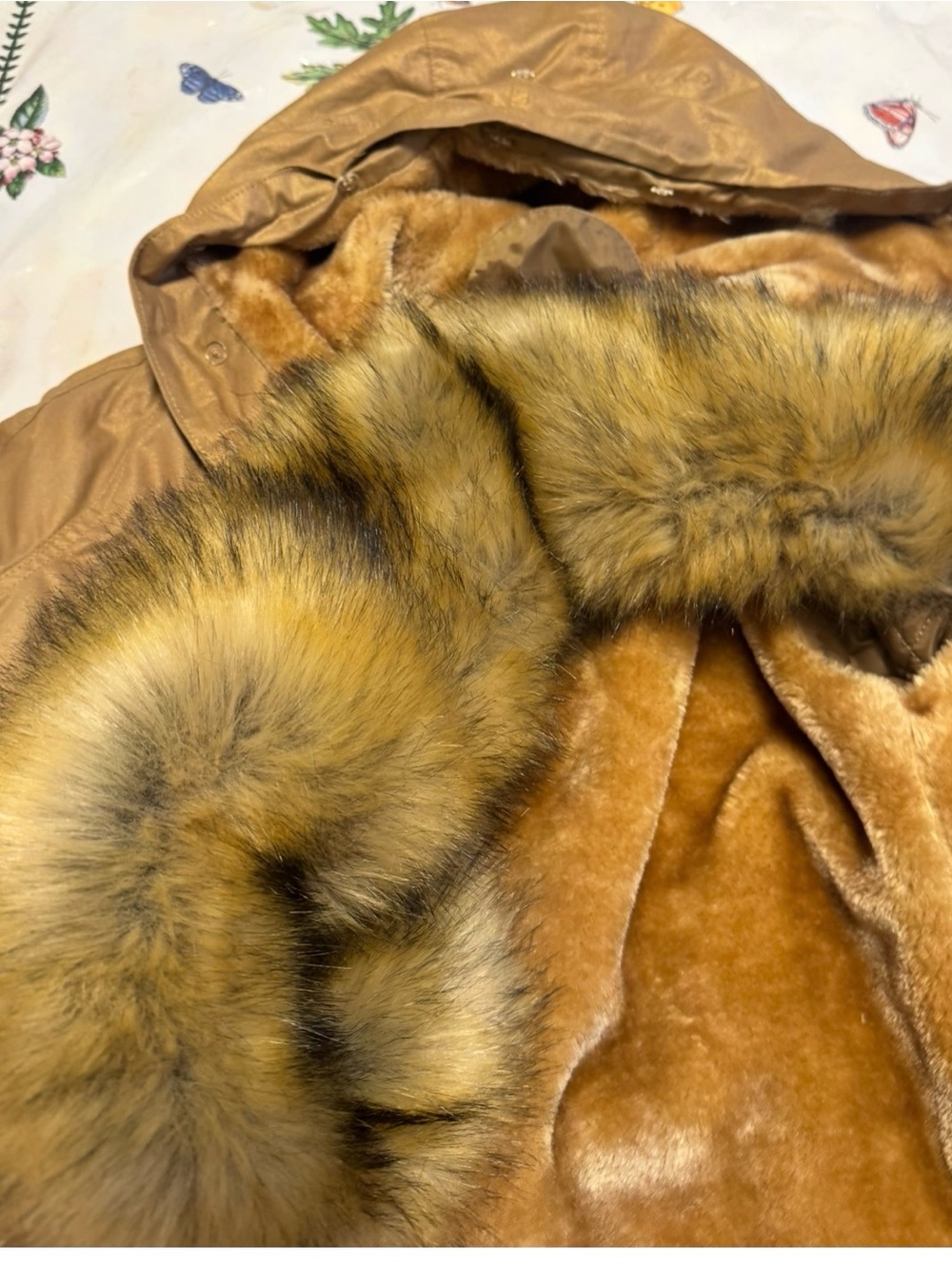 lola Caramel Faux-Fur Trim Hooded Puffer Coat